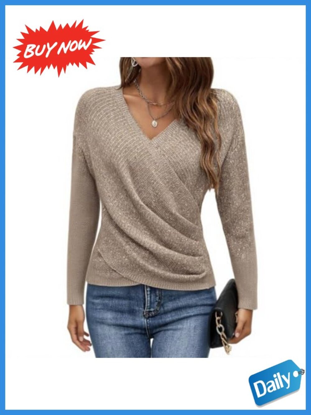 V Neck Criss Cross Pullover Sweater Long Sleeve Knit Casual Fall Top